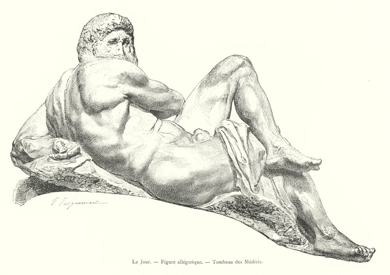 Dagen, allegorisk figur, Mediciens grav (gravering) af Italian School