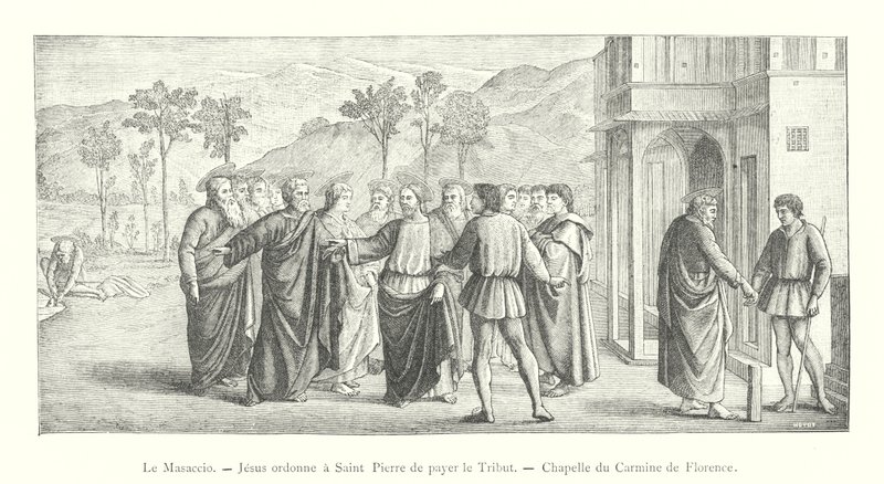 Masaccioen, Jesus beordrer Sankt Peter til at hylde, Carmine Chapel i Firenze (gravering) af Italian School