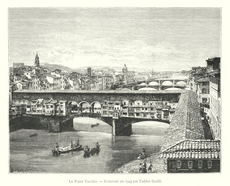 Le Ponte Vecchio, Construit en 1345 af Taddeo Gaddi (gravering) af Italian School