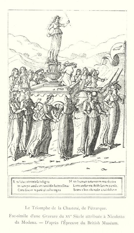 Kyskhedens triumf, af Petrarch, faksimile af en gravering fra det 15. århundrede tilskrevet Nicoletto da Modena, efter British Museum Print (gravering) af Italian School