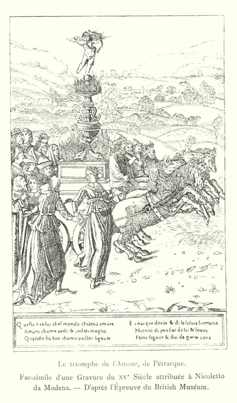 Kærlighedens triumf, af Petrarch, faksimile af en gravering fra det 15. århundrede tilskrevet Nicoletto da Modena, efter British Museum Print (gravering) af Italian School