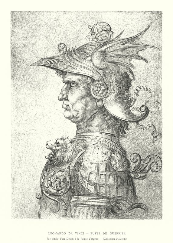 Leonardo da Vinci, Buste of a Warrior, Faksimile af en Silverpoint-tegning, Malcolm Collection (gravering) af Italian School