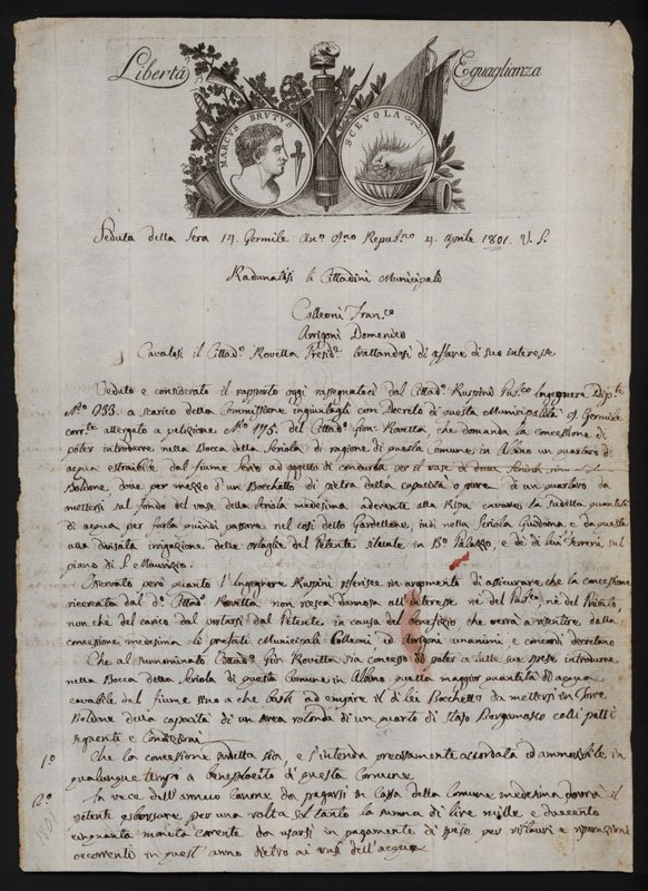 Brev på italiensk med en afbildning af Brutus den yngres hoved, en brændende hånd, der repræsenterer Gaius Mucius Scaevola, og mottoet for den franske revolution af Italian School