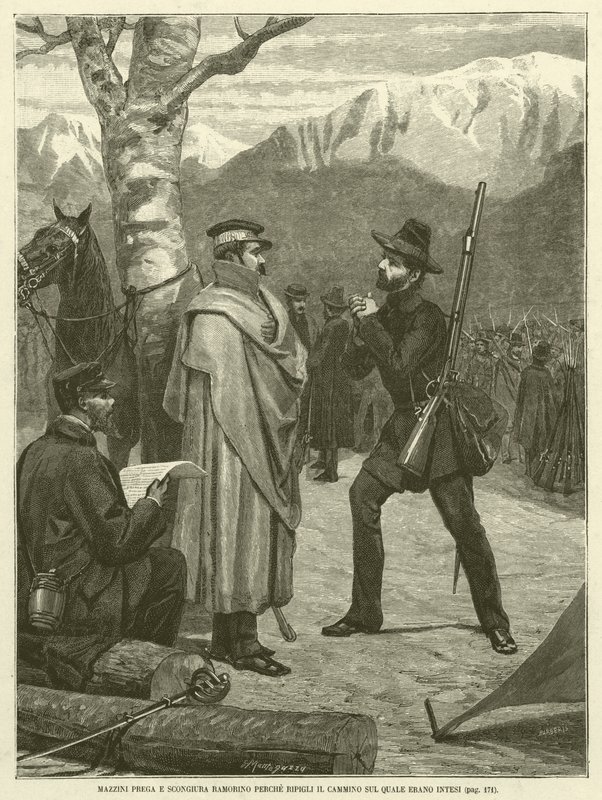 Mazzini beder og tryller Ramorino, fordi han genoptager stien, som de var beregnet til (gravering) af Italian School