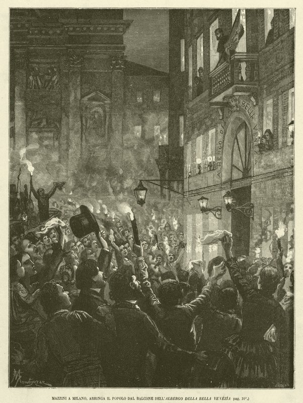 Mazzini i Milano, at høre folket fra balkonen på Albergo Della Bella Venezia (gravering) af Italian School