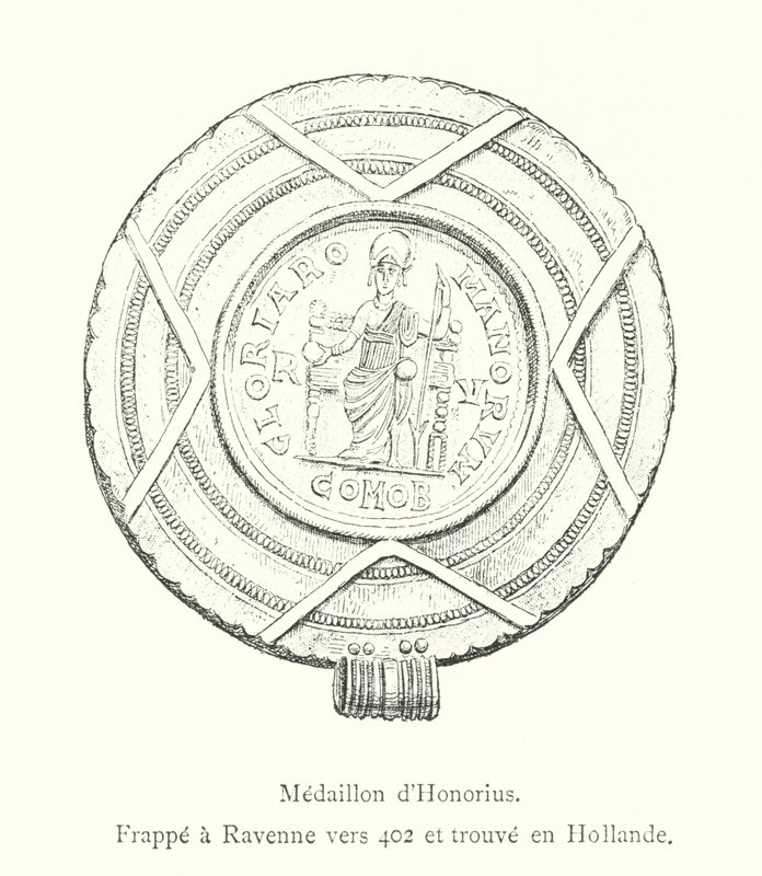 Medaljon af Honorius, slået ved Ravenna omkring 402 og fundet i Holland (gravering) af Italian School