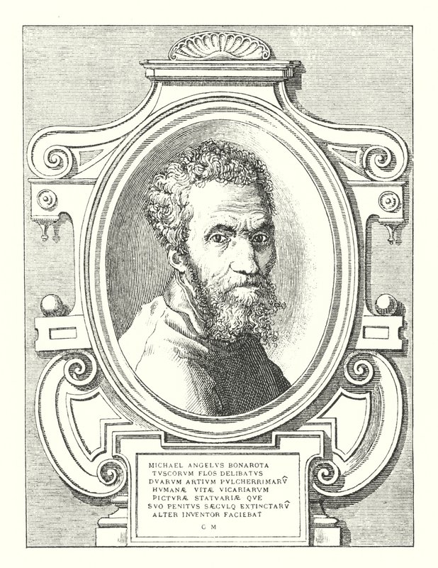 Michael Angelus Bonarota Tuscorum Delibat Flower of Two Beautiful Arts Menneskeliv Stedfortrædende malerier Statuar Que Suo Penitus Saeculq uddød En anden opfinder lavet (gravering) af Italian School