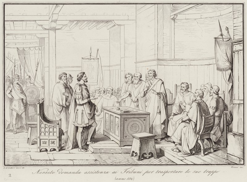 Nersete beder Tribunerne om hjælp til at transportere sine tropper, 552 (gravering) af Italian School