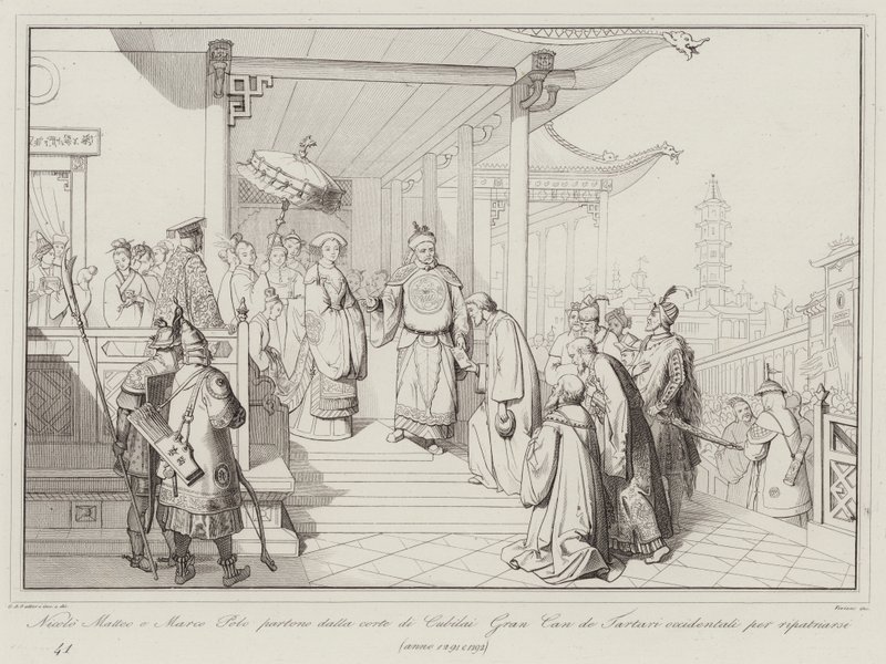 Nicolo Matteo og Marco Polo forlader retten i Cubilai Gran Can de Western Tartars for at repatriere af Italian School