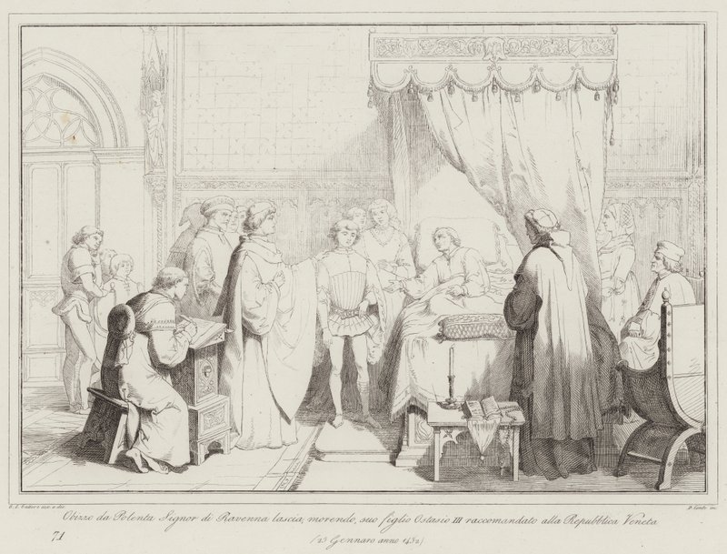 Obizzo da Polenta Signor di Ravenna forlader døende, hans søn Ostasio III anbefales til (gravering) af Italian School