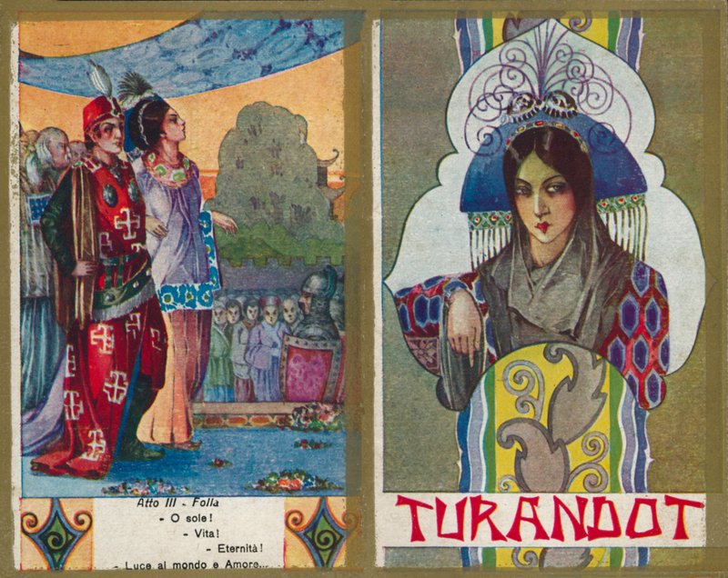 En af et sæt illustrationer af Puccinis opera Turandot (farvelitografi) af Italian School