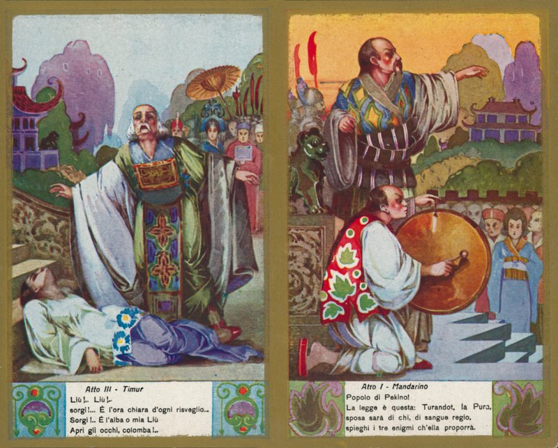 En af et sæt illustrationer af Puccinis opera Turandot (farvelitografi) af Italian School