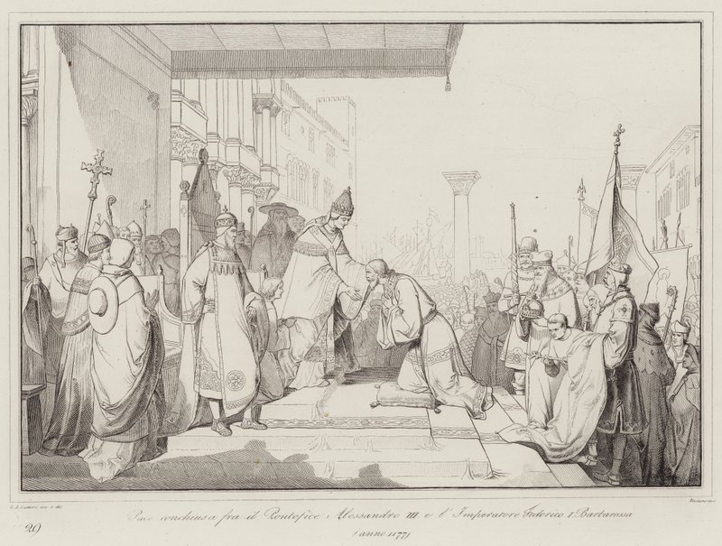 Fred indgået mellem pave Alexander III og kejser Frederik I Barbarossa af Italian School