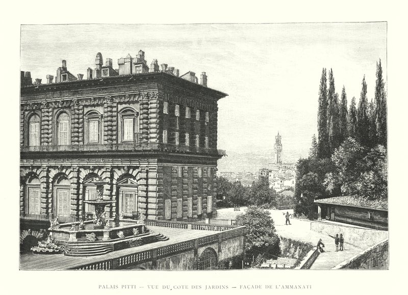 Pitti Palace, Udsigt fra siden af ​​haverne, Facaden af ​​Ammanati (gravering) af Italian School