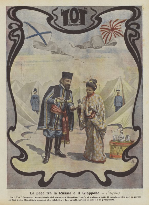 Fred mellem Rusland og Japan (farvelitografi) af Italian School