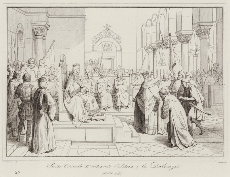 Pietro Orseolo II undertrykker Istrien og Dalmatien, 997 (gravering) af Italian School