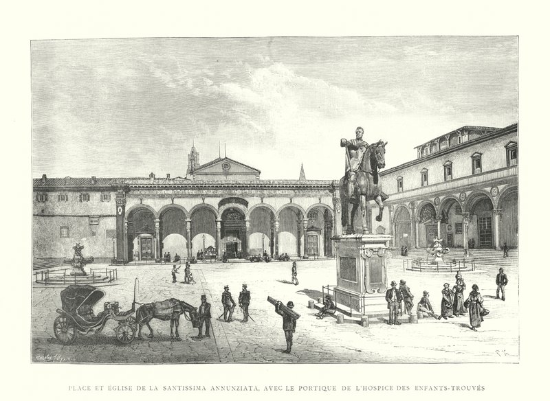 Pladsen og kirken Santissima Annunziata, med portikoen for Hospice des Enfants-Trouves (gravering) af Italian School