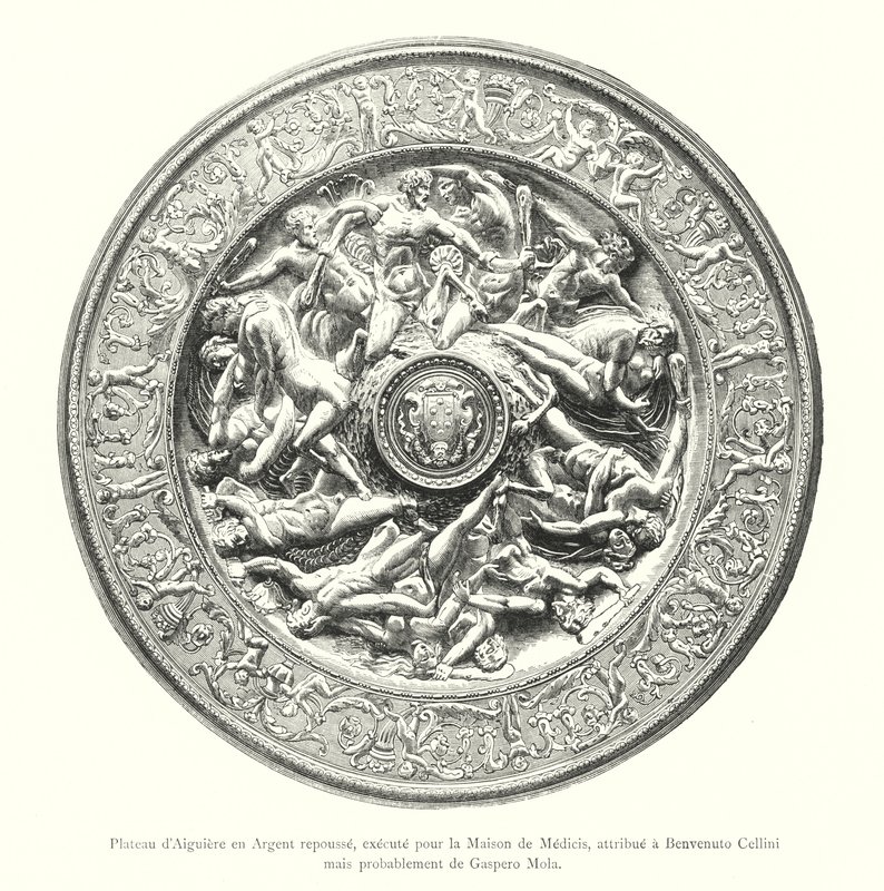 Ewer-bakke i frastødt sølv, udført for House of Medici, tilskrevet Benvenuto Cellini, men sandsynligvis af Gaspero Mola (gravering) af Italian School