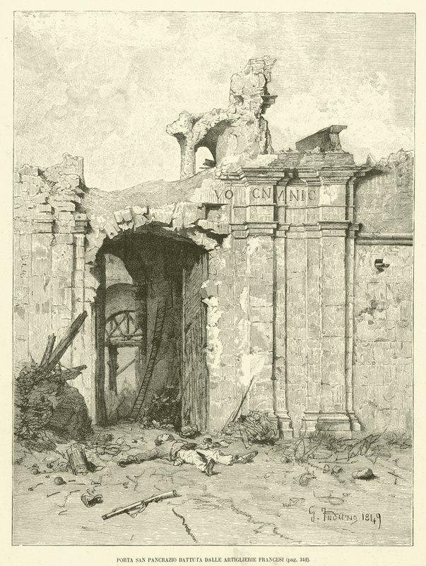 Porta San Pancrazio slået af fransk artilleri (gravering) af Italian School