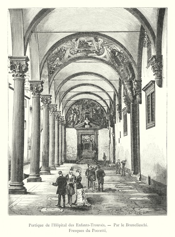 Portico of the Foundling Hospital, af Brunelleschi, Fresker af Poccetti (gravering) af Italian School