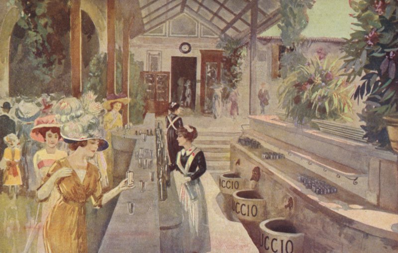 Postkort med kvinder ved baren i Tettuccio, Bagni di Montecatini (farvelitografi) af Italian School