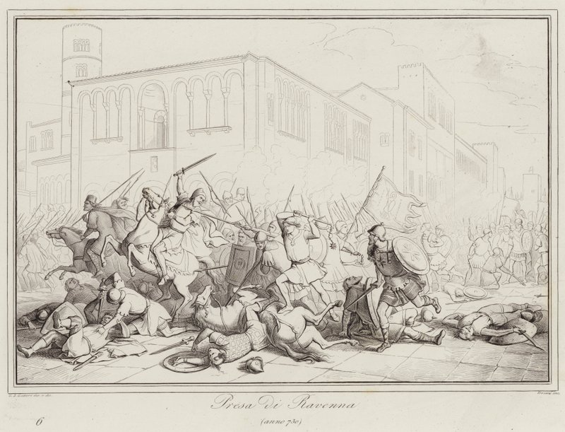 Taking of Ravenna, 730 (gravering) af Italian School
