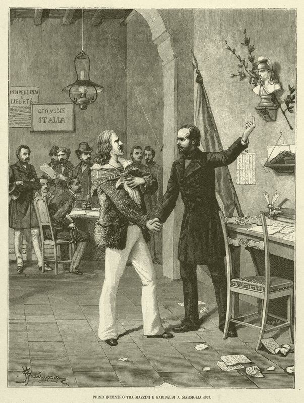Første møde mellem Mazzini og Garibaldi i Marseille 1833 (gravering) af Italian School