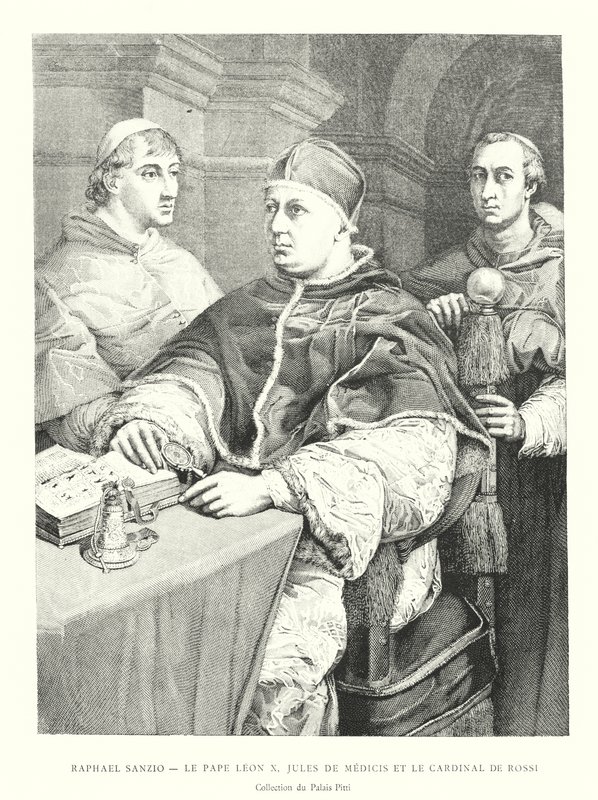 Raphael Sanzio, Le Pape Leon X, Jules de Medicis og le Cardinal de Rossi, Collection du Palais Pitti (gravering) af Italian School