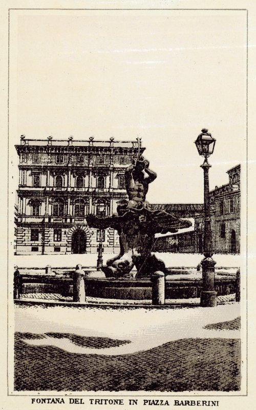 Rom: Triton-fontænen på Piazza Barberini (litho) af Italian School