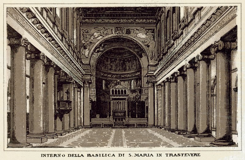 Rom: Interiør af basilikaen S Maria In Trastevere (litho) af Italian School