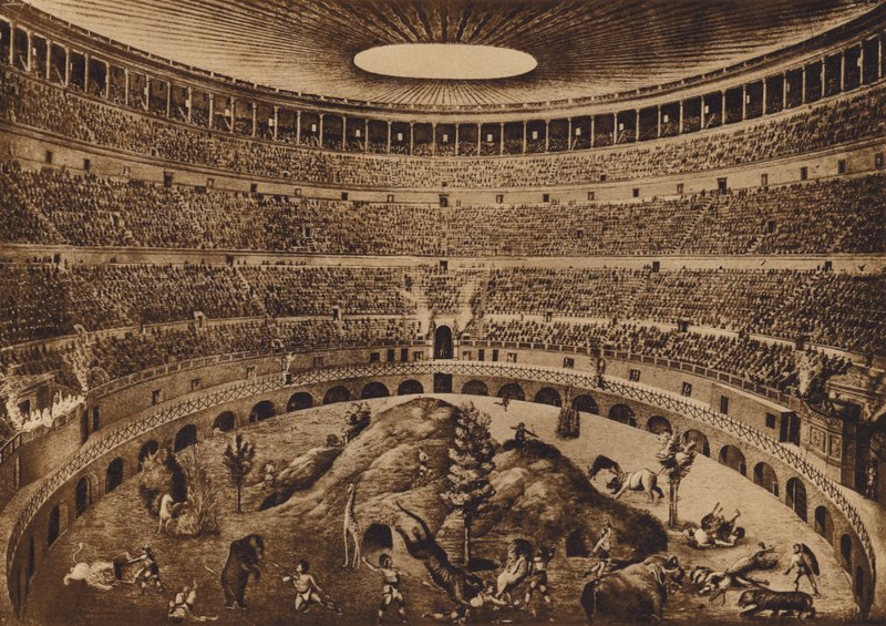 Roma / Rom: Interiør af Colosseum, Jagten på messerne, historisk rekonstruktion (litho) af Italian School
