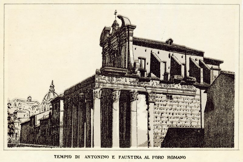 Rom: Antoninus og Faustinas tempel ved Forum Romanum (litho) af Italian School