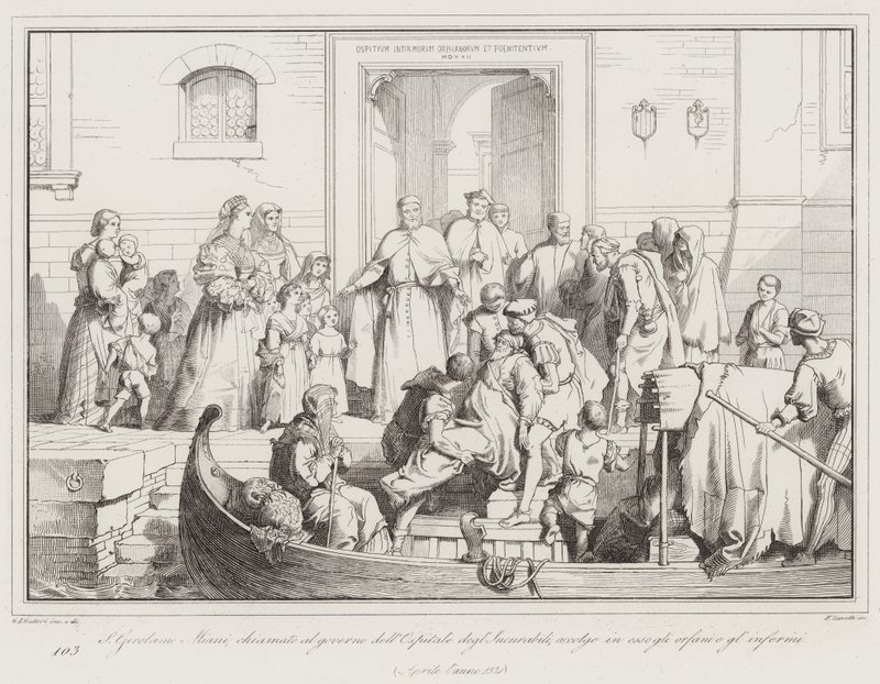S Girolamo Miani kaldet til regeringen for Hospital of the Incurables, byder forældreløse og syge velkommen i det af Italian School
