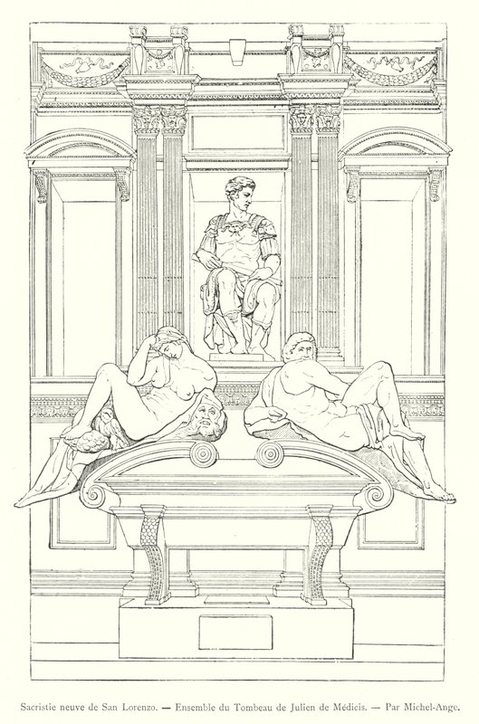 Ny sakristi i San Lorenzo, Ensemble af Giuliano de Medicis grav, af Michelangelo (gravering) af Italian School