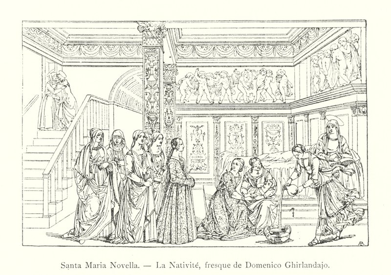 Santa Maria Novella, La Nativite, fresque de Domenico Ghirlandaio (gravering) af Italian School
