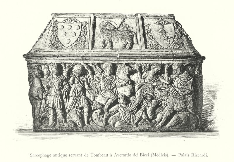 Gammel sarkofag, der tjener som grav for Averardo dei Bicci, Medicis, Palazzo Riccardi (gravering) af Italian School
