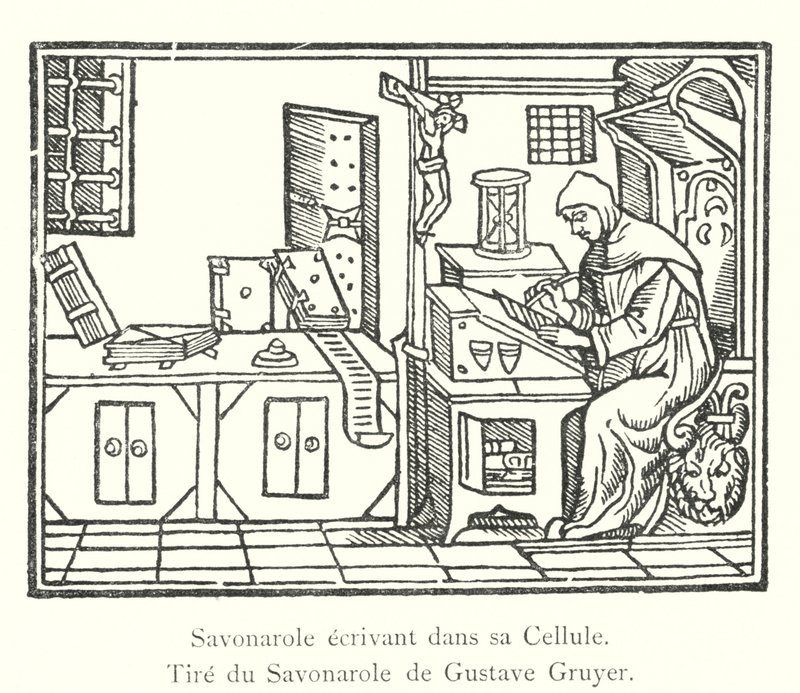 Savonarola skriver i sin celle, fra Savonarola af Gustave Gruyer (gravering) af Italian School