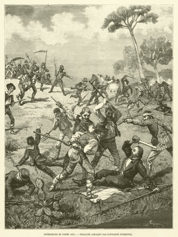 Ekspedition af Sapri (1857), Pisacane overfaldet af rasende bønder (gravering) af Italian School