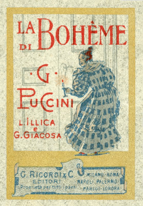 Annonce i frimærkestørrelse for Giacomo Puccinis La Boheme, første gang opført i 1896 af Italian School