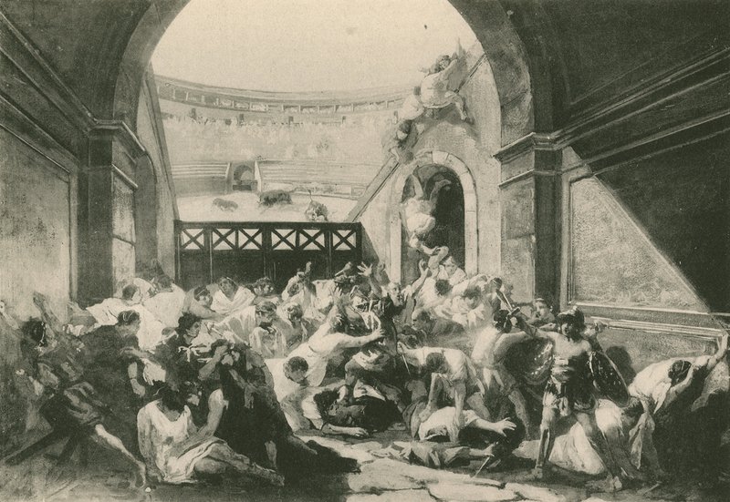Striden mellem Pompeianere og Nuceriner (dybtryk) af Italian School