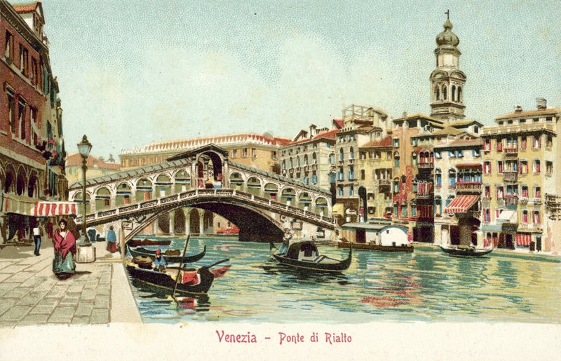 Rialto, Venedig (farvelitografi) af Italian School