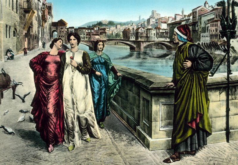 Mødet mellem Dante og Beatrice (farve litho) af Italian School