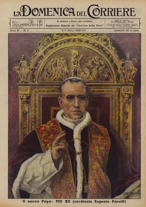 Den nye pave, Pius XII (kardinal Eugenio Pacelli) (farvelitografi) af Italian School