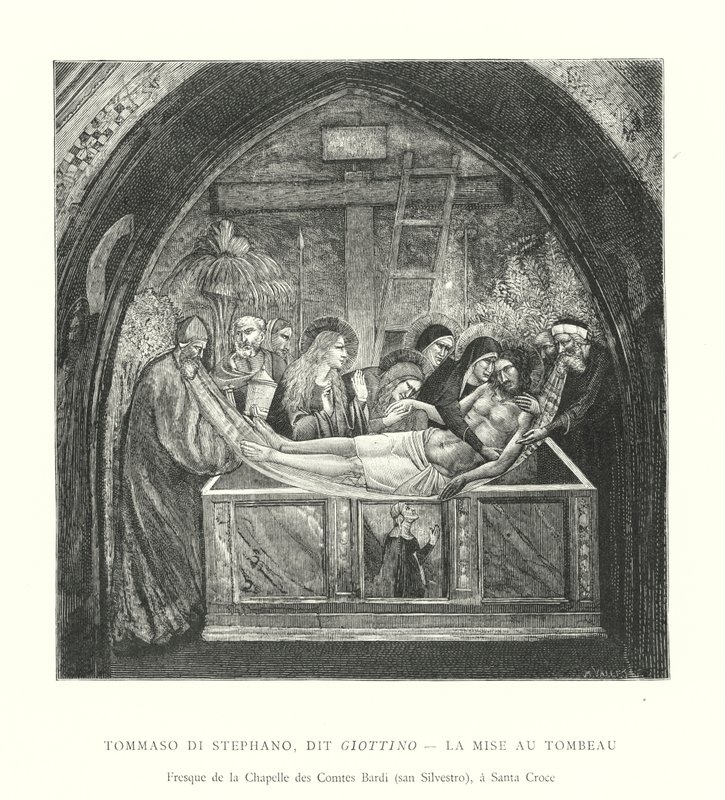 Tommaso di Stephano, kendt som Giottino, La Mise au Tombeau, Fresco fra Chapelle des Comtes Bardi, San Silvestro, Santa Croce (gravering) af Italian School