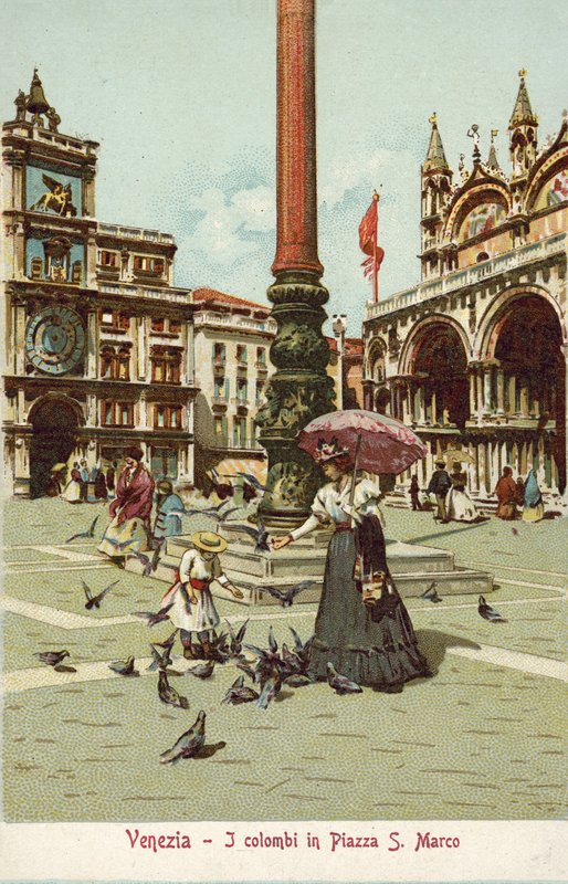 Venedig, Italien, Søjler på Markuspladsen (farvelitografi) af Italian School