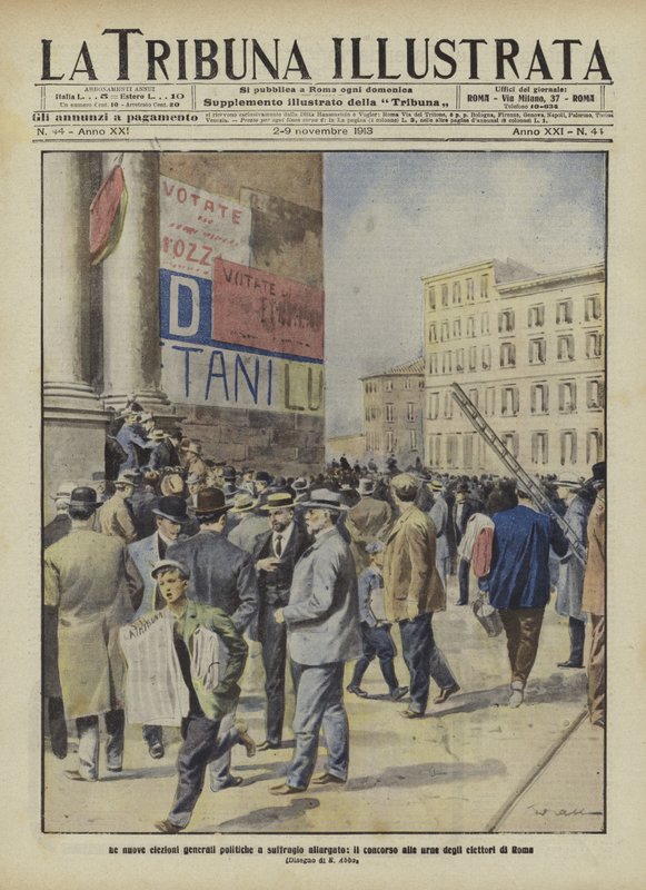 Vælgere på vej til stemmeurnerne ved det italienske parlamentsvalg i Rom (farvelitografi) af Italian School
