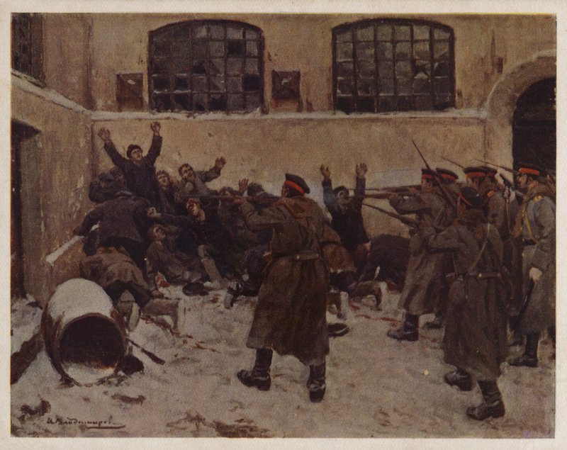 Russiske soldater skyder demonstranter i Presnya-distriktet i Moskva under revolutionen i 1905 (farve litho) af Ivan Alexeyevich (after) Vladimirov