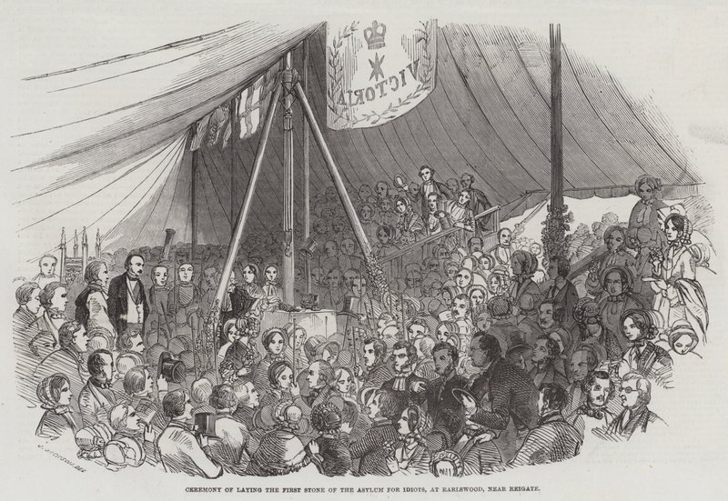 Ceremoni for nedlæggelse af den første sten til asylet for idioter i Earlswood, nær Reigate af J. Jackson