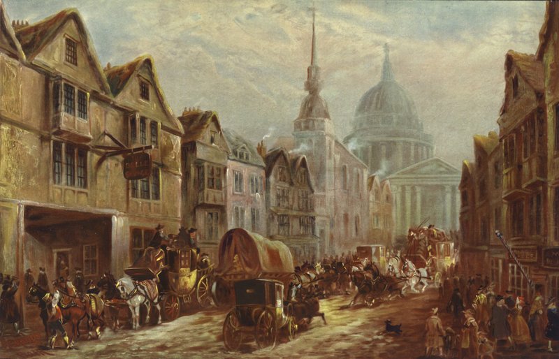 Indgang til La Belle Sauvage Inn Yard, Ludgate Hill, London af J.C. Maggs