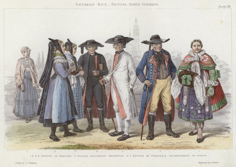 Kaukasisk race, germanere, nordtyskere (farvet indgravering) af J.L. (after) Williams